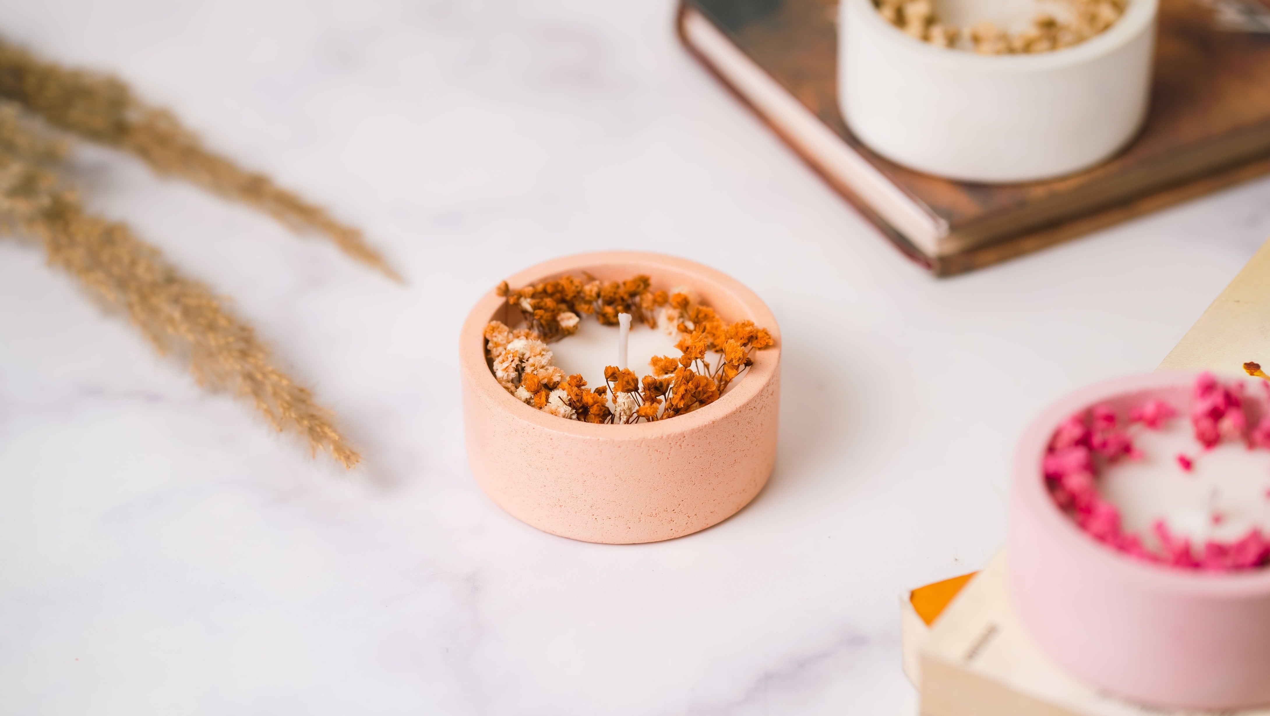 Peach Concrete Container | Dry Flower | Scented Soy Wax Candle